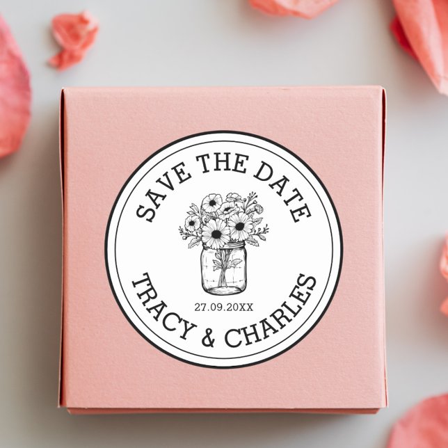 Sticker Rond Mariage Enregistrer La Date Fleurs En Pot De Mason (Mason jar save the date stickers add rustic floral charm to wedding stationery.)