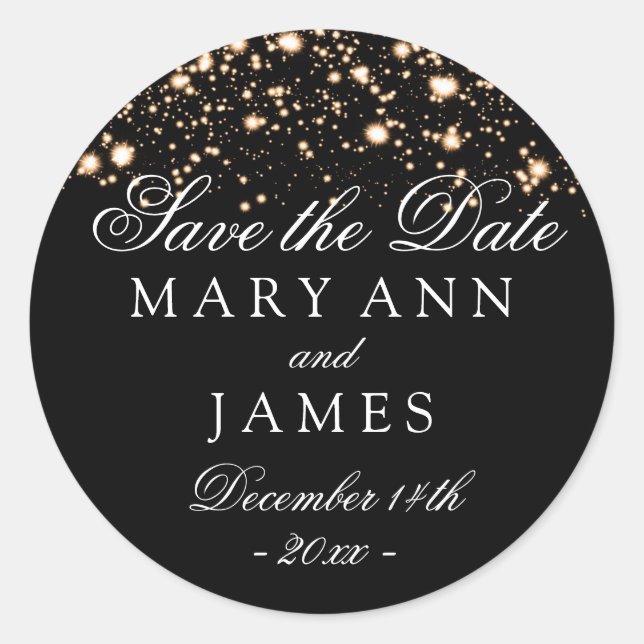 Sticker Rond Mariage Enregistrer La Date Gold Midnight Glam (Devant)