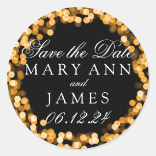 Sticker Rond Mariage Enregistrer La Date Gold Sparkly Lights