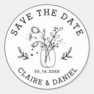 Sticker Rond Mariage Enregistrer la date Mason Jar Fleurs
