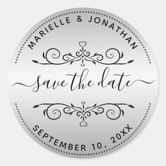 Sticker Rond Mariage Enregistrer la date Script Argent Adresse  (Devant)