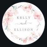 Sticker Rond Mariage Enveloppe en fleurs de cerisier printemps<br><div class="desc">Ces enveloppes mariages en fleurs de cerisier printanières sont parfaites pour un mariage moderne. Le design oriental floral présente une branche de cerisier couleur rose vif blanc et des feuilles verts au style japonais élégant. Personnalisez le étiquette avec les noms de la mariée et du marié.</div>