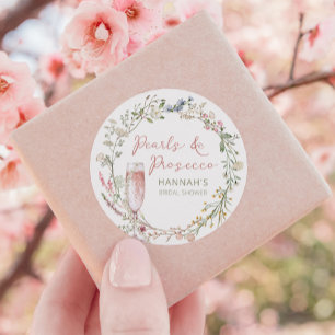 Sticker Rond Mariage et Baptême de Mariée Perles et Prosecco