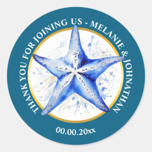 Sticker Rond Mariage étoile de mer bleu blanc thème plage rond