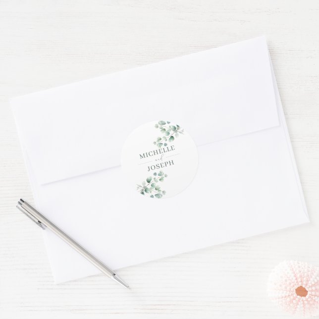 Sticker Rond Mariage Eucalyptus Sage Vert Aquarelle (Enveloppe)