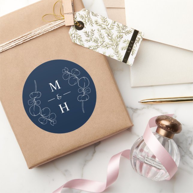 Sticker Rond Mariage Eucalyptus Springs Monogramme Bleu Nuit (Cadeaux)