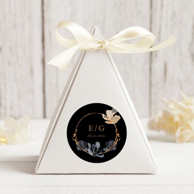 Sticker Rond Mariage exclusif de monogramme Floral d'or noir (Créateur téléchargé)