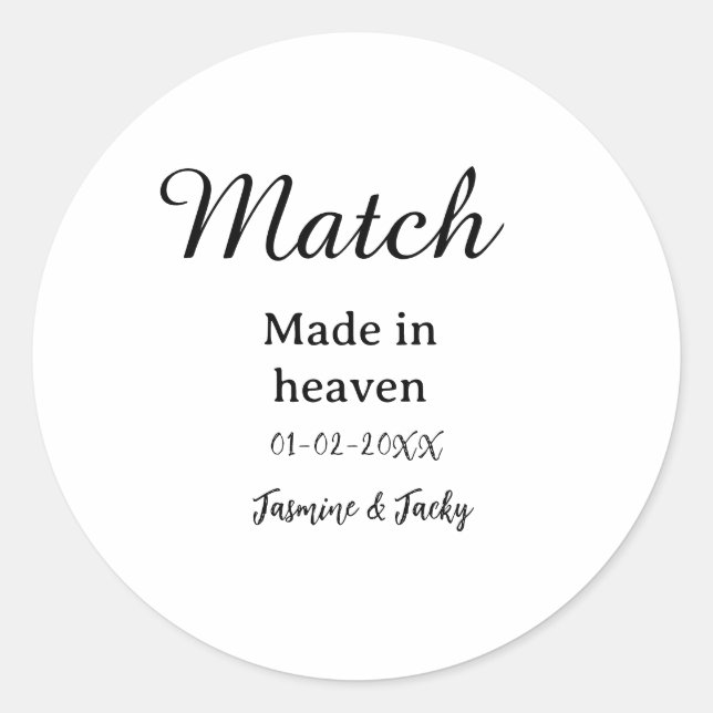 Sticker Rond Mariage fait au ciel nom date calligraphie simple (Devant)