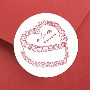 Sticker Rond Mariage Fantaisiste Rouge Gâteau Vintage Dessiné à
