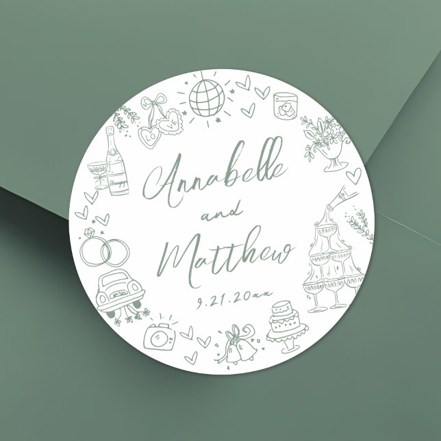 Sticker Rond Mariage Fantaisiste Vert Dessiné à la Main (Hand Drawn Green Whimsical Wedding Classic Round Sticker)