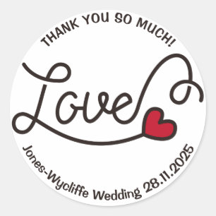 Sticker Rond Mariage Favor Love Red Heart Typographie Art