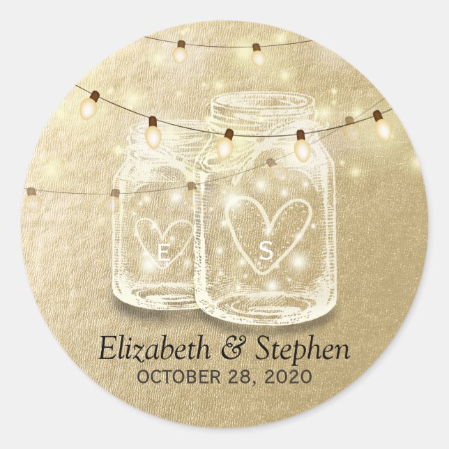 Sticker Rond Mariage Favor Mason Jar String Lights Gold Foil (Devant)