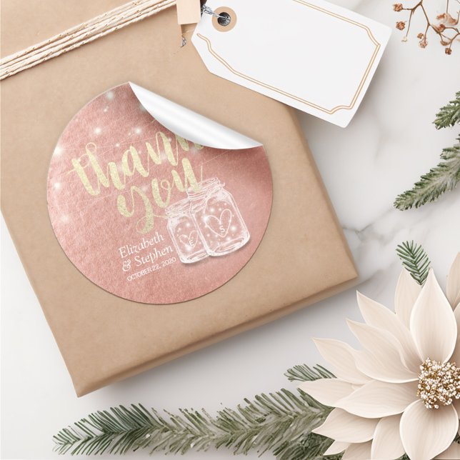 Sticker Rond Mariage Favor Merci Couple Mason Jar Rose Or (Créateur téléchargé)