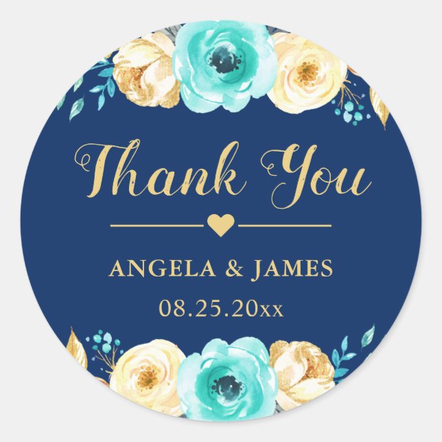 Sticker Rond Mariage Favor Merci Marine bleu or Floral (Devant)
