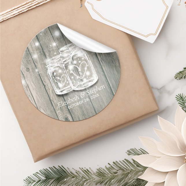 Sticker Rond Mariage Favor Merci Rustic Bois Mason Lampe à jarr (Créateur téléchargé)
