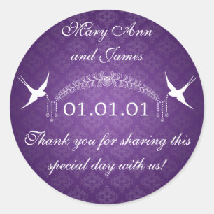 Sticker Rond Mariage Favor Tag Oiseaux & Diamants Violet