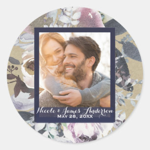 Sticker Rond Mariage Favori Photo Kraft Navy Glam Floral Rustiq