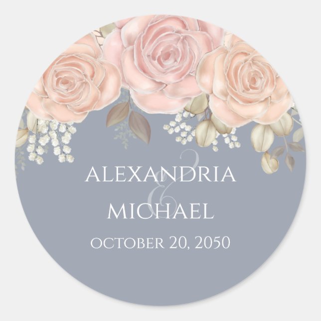 Sticker Rond Mariage Favoriser Floral Aquarelle Rose Dusty Blue (Devant)