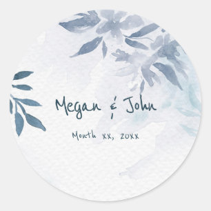 Sticker Rond Mariage Feuille Aquarelle bleu doux