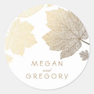 Sticker Rond Mariage Feuille d'automne Gold et White