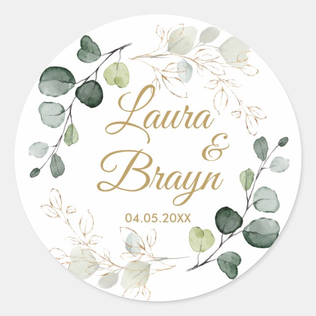 Sticker Rond Mariage Feuille d'or Eucalyptus Twigs (Devant)
