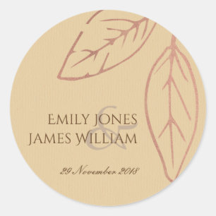 STICKER ROND MARIAGE FEUILLE MODERNE CONTEMPORAIN KRAFT PEACH
