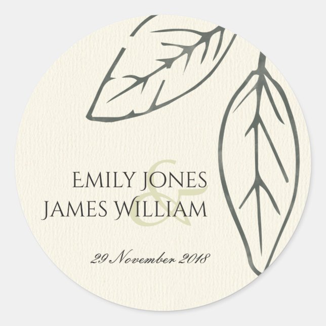 STICKER ROND MARIAGE FEUILLE MODERNE CONTEMPORAIN KRAFT WHITE (Devant)