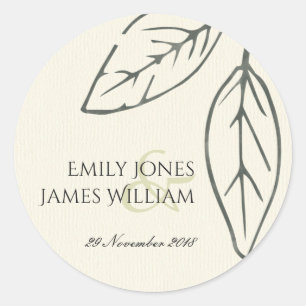 STICKER ROND MARIAGE FEUILLE MODERNE CONTEMPORAIN KRAFT WHITE