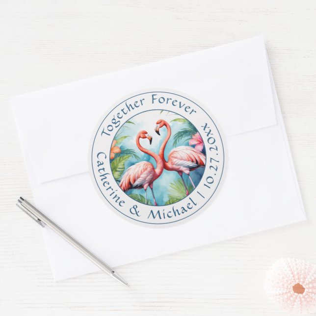 Sticker Rond Mariage Flamant rose (Enveloppe)