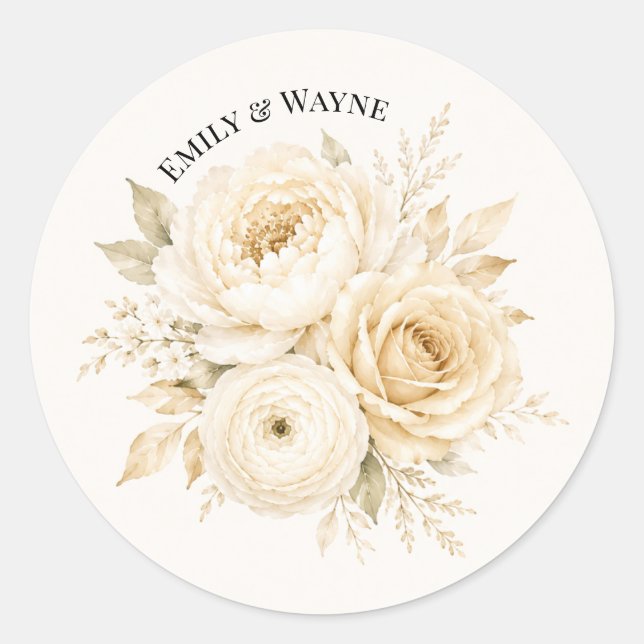 Sticker Rond Mariage Fleur Blanc d'Ivoire et Champagne Perle (Devant)