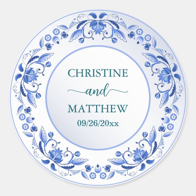 Sticker Rond Mariage Fleur Bleu Porcelaine   (Devant)