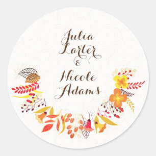 Sticker Rond Mariage Fleur de Boho Orange Violet Feuillage