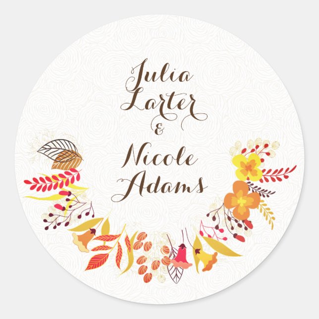 Sticker Rond Mariage Fleur de Boho Orange Violet Feuillage (Devant)