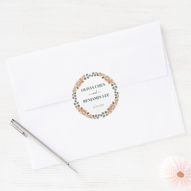 Sticker Rond Mariage Fleur de Pêcher et Treillis Doré (Enveloppe)