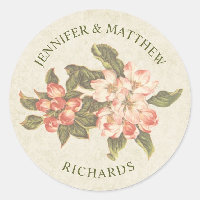 Sticker Rond Mariage Fleur de Pommier Vintage | Nom (Devant)