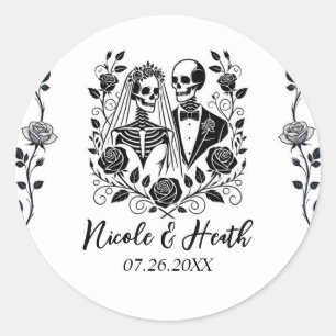 Sticker Rond Mariage Fleur de Rose de Squelette Noir Blanc