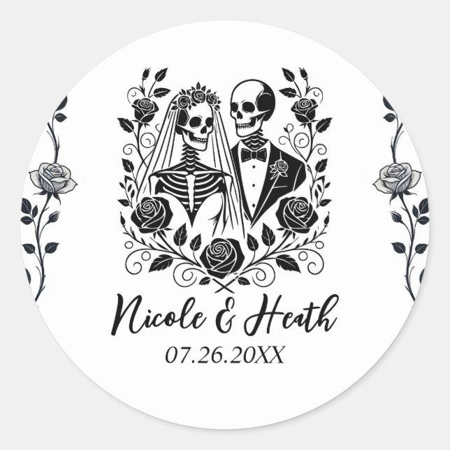Sticker Rond Mariage Fleur de Rose de Squelette Noir Blanc  (Devant)