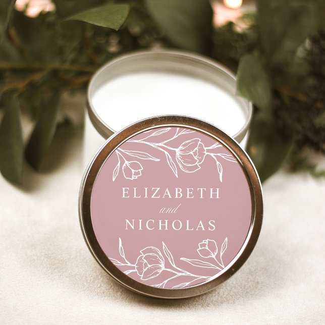Sticker Rond Mariage Fleur Esquisée Rose Poussiéreuse (Créateur téléchargé)