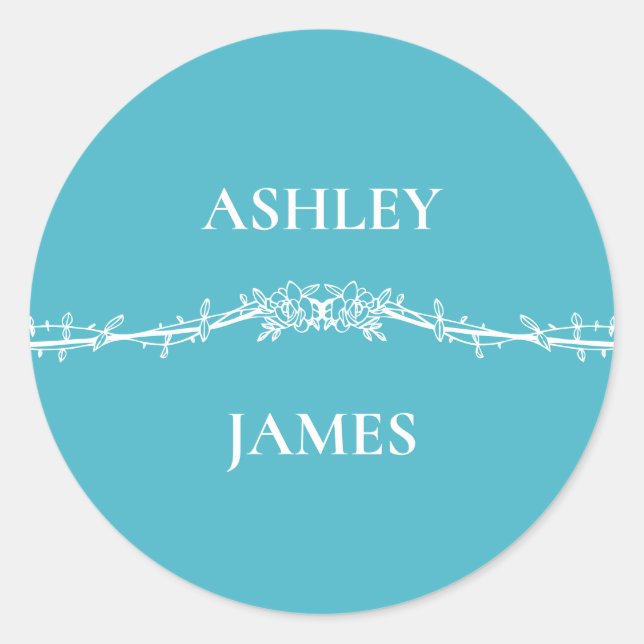 Sticker Rond Mariage Fleur Rose Turquoise Botanique  (Devant)