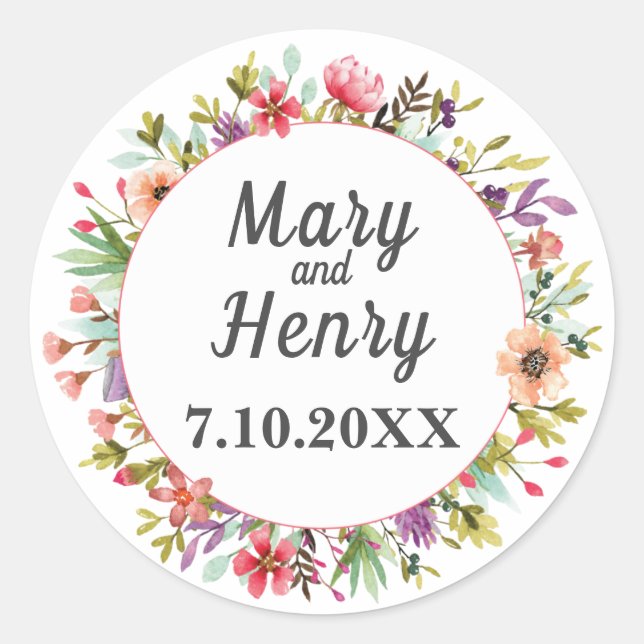 Sticker Rond Mariage Fleur sauvage de l'aquarelle (Devant)