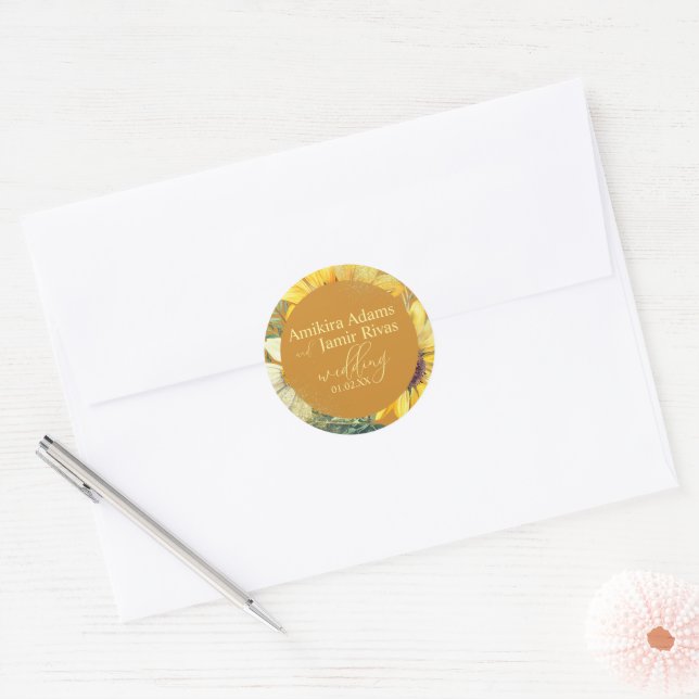 Sticker Rond Mariage Fleur sauvage des tournesols en terre cuit (Enveloppe)