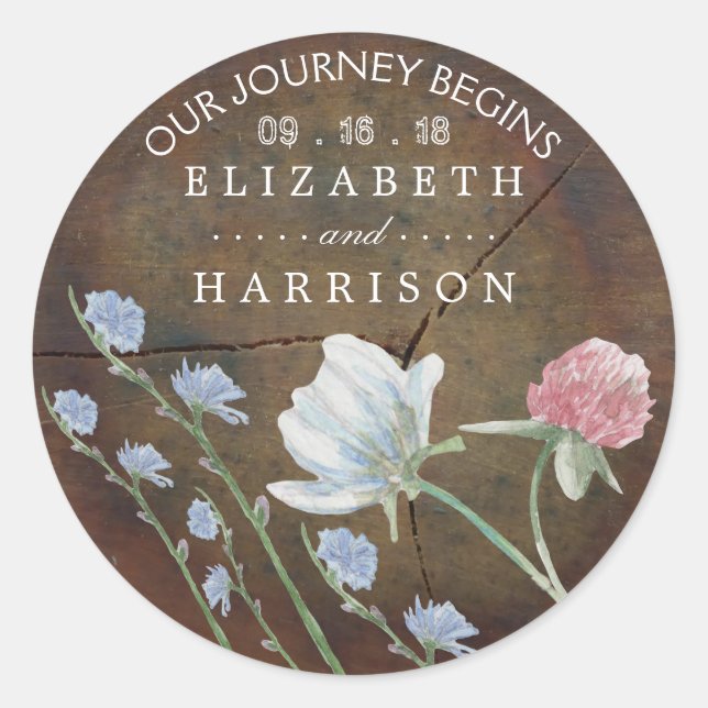Sticker Rond Mariage fleur sauvage en chêne bois Favoriser (Devant)