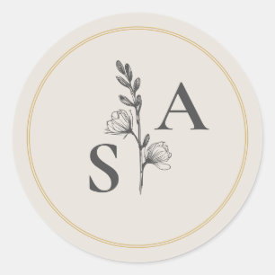 Sticker Rond Mariage Fleur sauvage minimaliste de monogramme be