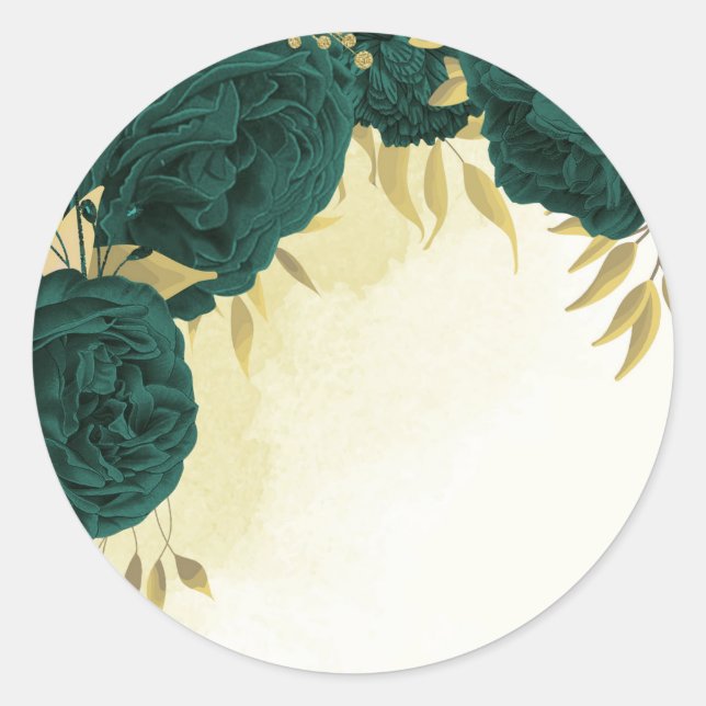 Sticker Rond Mariage fleuri en or vert émeraude (Devant)