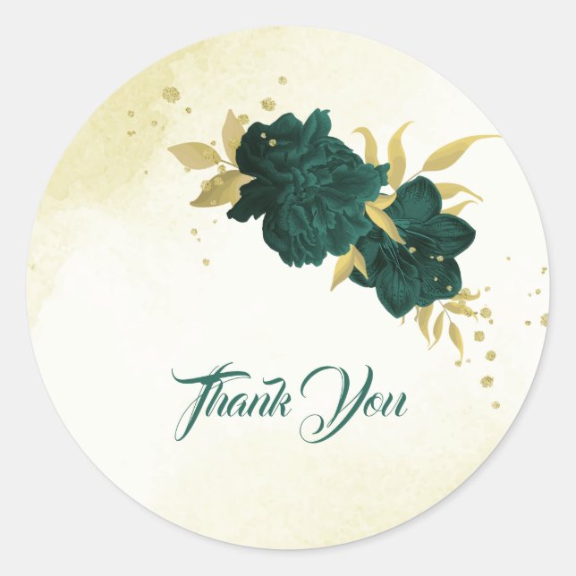 Sticker Rond Mariage fleuri en or vert émeraude (Devant)