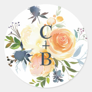 Sticker Rond Mariage Fleurie Aquarelle Bleu Marine et Corail