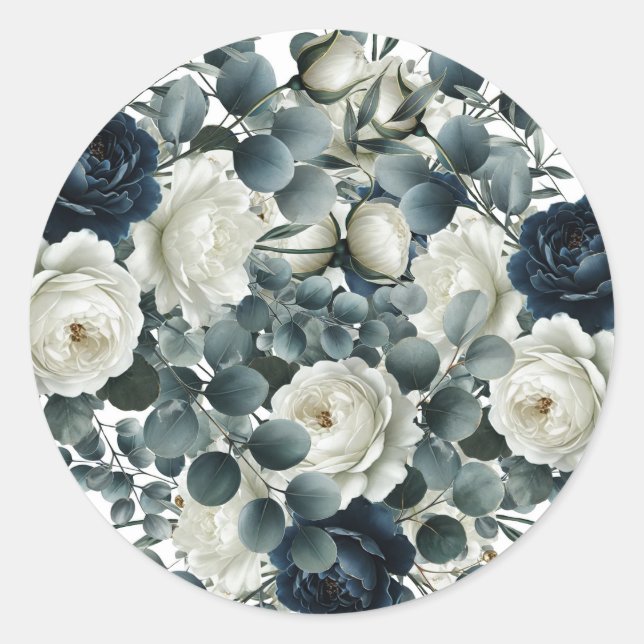 Sticker Rond Mariage Fleurie Moderne Bleu Foncé et Blanc (Devant)