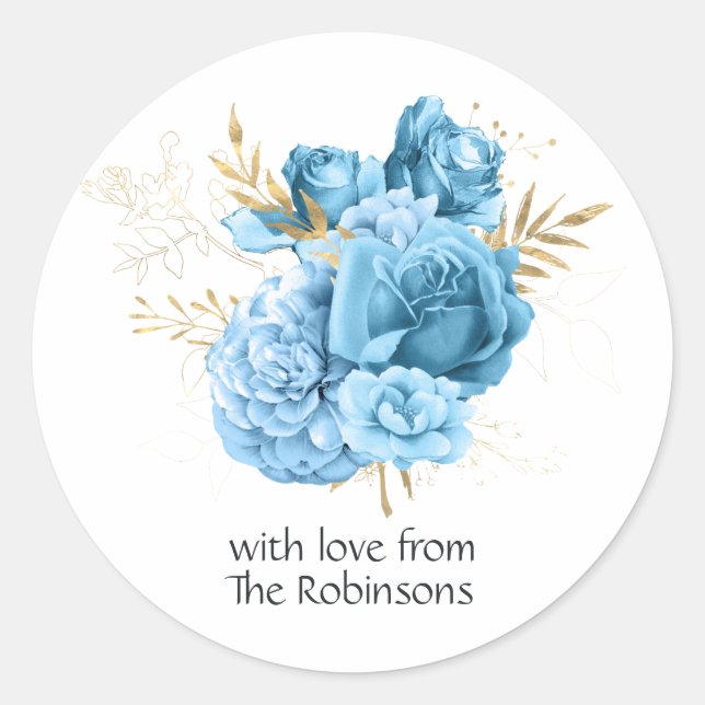 Sticker Rond Mariage Fleuris Bleu Pastel et Or (Devant)