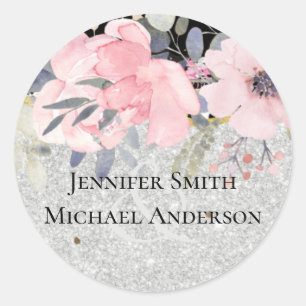 Sticker Rond MARIAGE - Fleurs argentées et dorées rose Féminin