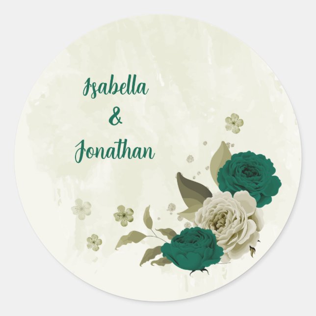 Sticker Rond mariage fleurs beige vert émeraude (Devant)
